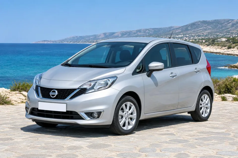 Representative image: Silver Nissan Note-style compact hatchback beside the Cyprus coast; exact rental vehicle may differ