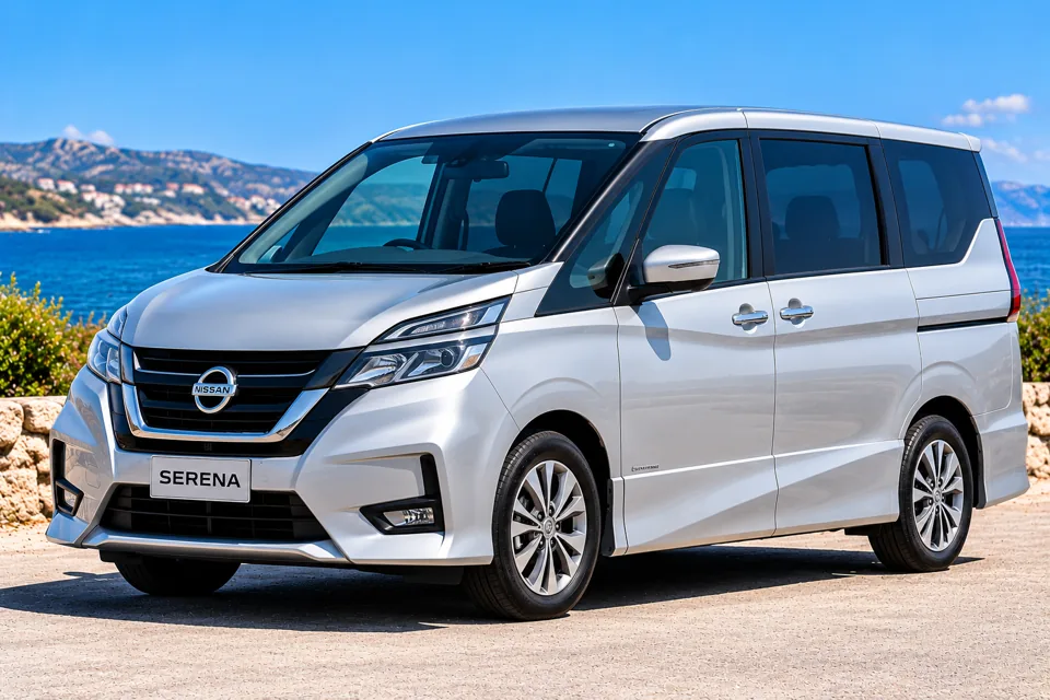 Representative image: Silver Nissan Serena seven-seat family minivan beside the Cyprus coast; exact rental vehicle may differ