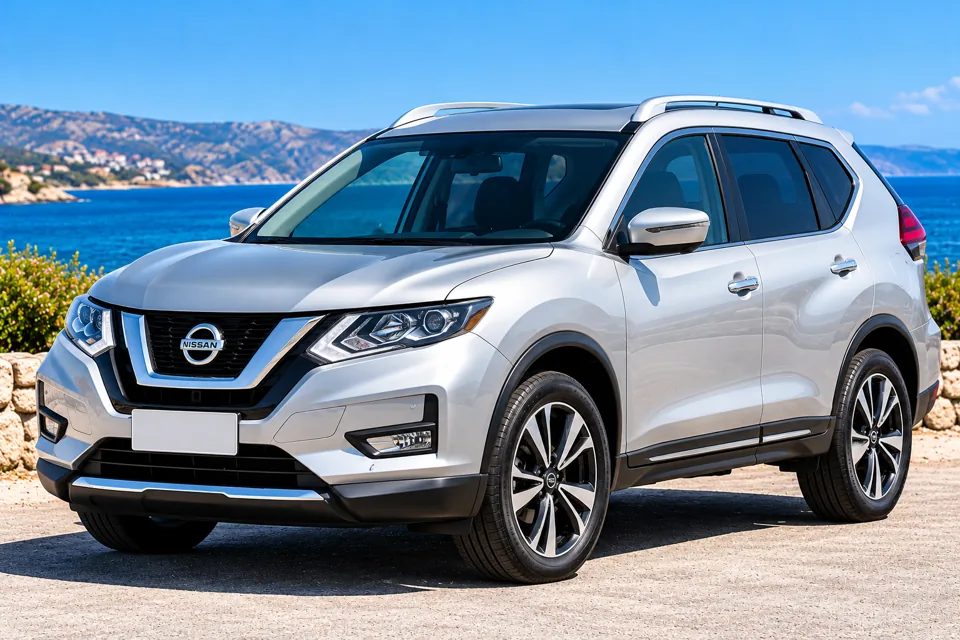 Representative image: Silver Nissan X-Trail SUV beside the Cyprus coast; exact rental vehicle may differ