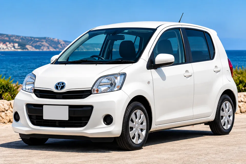 Representative image: White Toyota Passo-style city car beside the Cyprus coast; exact rental vehicle may differ